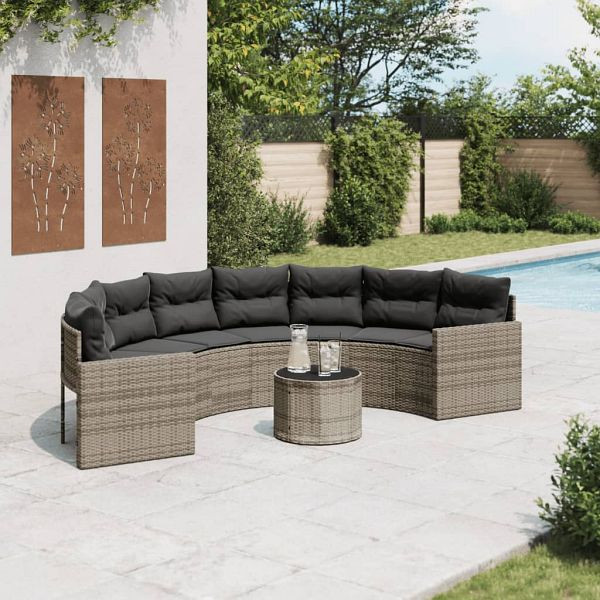 vidaXL Gartensofa mit Tisch und Kissen Halbrund Grau Poly Rattan, 3318518