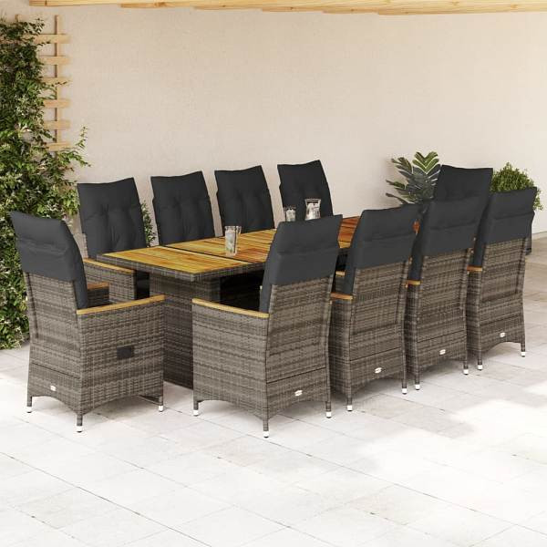 vidaXL 11-tlg. Garten-Bistro-Set mit Kissen Grau Poly Rattan, UV-beständig, 3277254