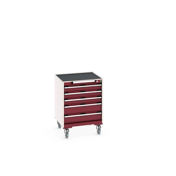 bott cubio Schubladenschrank mobil bestückt, mit 5 Schubladen, BxTxH: 650x650x885mm, RAL 3004, Purpurrot, 40402031.24V