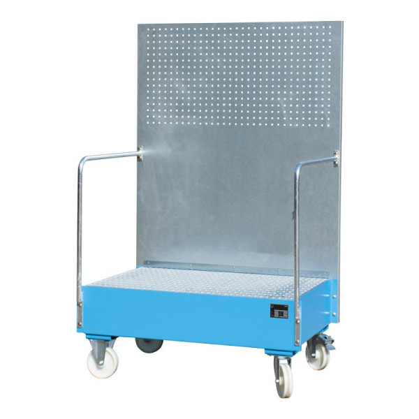 STEIN HGS Fahrbare Auffangwanne mit Lochplattenwand LPW, 215 Liter, RAL 5012 lichtblau, Höhe 2015mm, lackiert, 2x200 Liter Fass, Breite 1290mm, 79205.0009