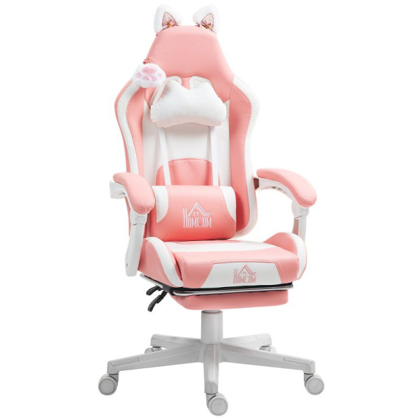 HOMCOM Gaming-Stuhl mit Katzenohren, neigbare Lehne, ausziehbare Fußstütze, bis 120 kg, Rosa/Weiß, 921-794V00PK