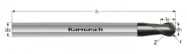Karnasch VHM-3D-Radiusfräser, lang, Rockwell Cutter d= 1,5/ r= 0,75 / Schaft 6 mm HHC UFX 24, 3064770150
