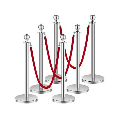 VEVOR Absperrpfosten Set, VE: 6 Stück, mit 3 roten Samtseilen (1,5 m), Edelstahl, nachfüllbarer Sockel, für Ausstellungen, Silber, QTGLZDSDYSHRTRS83V0