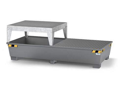 DENIOS Auffangwanne pro-line für 2 IBC, grau lackiert, Abfüllbock und Gitterrost, 273887