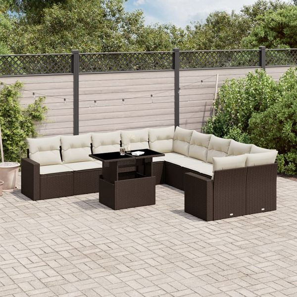 vidaXL 11-teilig Garten-Sofagarnitur mit Kissen Braun Poly Rattan, 3267543