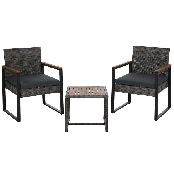 Mendler Poly-Rattan Garnitur HWC-P74, Lounge-Set Garten 2x Stuhl Tisch, Akazie Holz Stoff 180g/m², grau, Polster grau, 119735