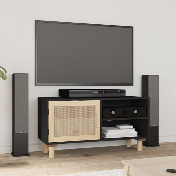 vidaXL TV-Schrank Schwarz 80x30x40 cm Massivholz Kiefer Natur-Rattan, 345613