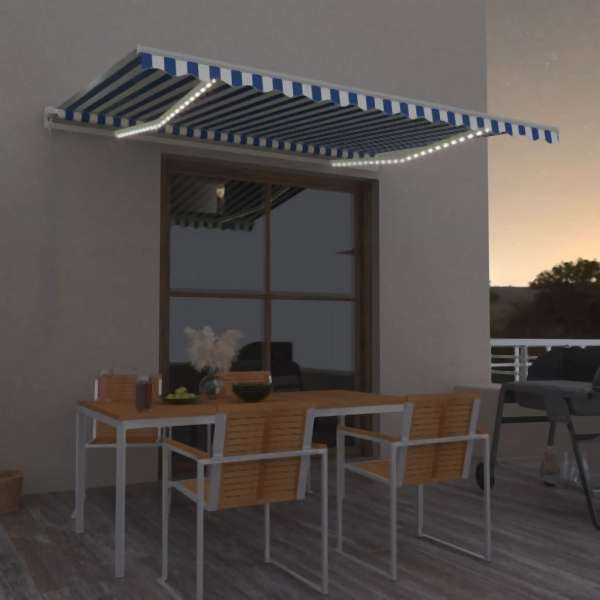 vidaXL Markise Manuell Einziehbar mit LED 450x350 cm Blau und Weiß, 3069001