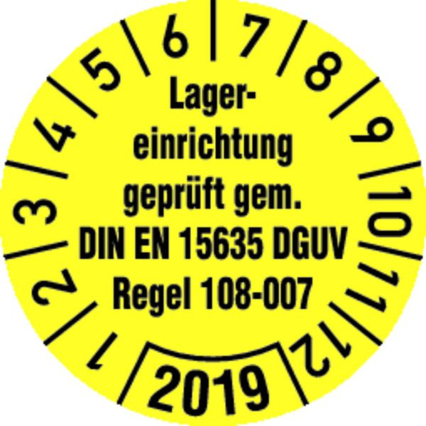 Schilder Klar Prüfplakette Lagereinrichtung geprüft gemäß DIN EN 15635 DGUV Regel 108-007 gelb/schwarz ab 23, 30 mm Folie, VE: 40 Stück, 8/68.23