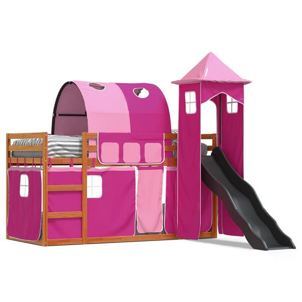 vidaXL Etagenbett mit Rutsche und Gardinen Rosa 90x200 cm, 3284169