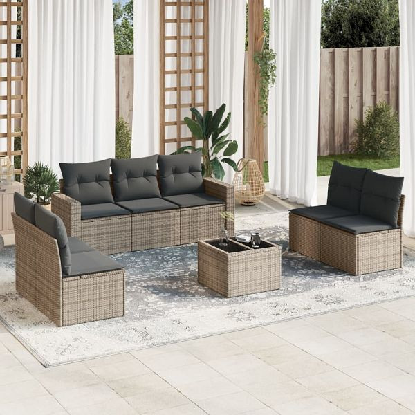 vidaXL 8-teilig Garten-Sofagarnitur mit Kissen Grau Poly Rattan, 3218830