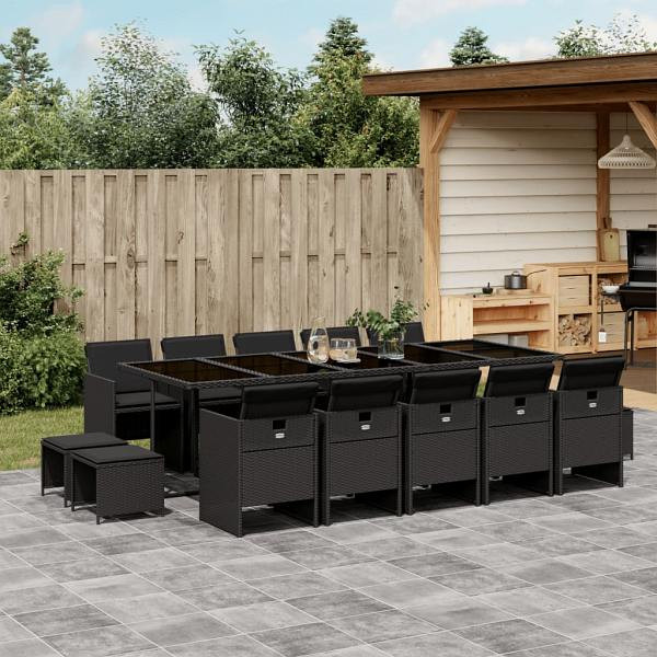 vidaXL 15-tlg. Garten-Essgruppe mit Kissen Schwarz Poly Rattan, UV-beständig, 3277758