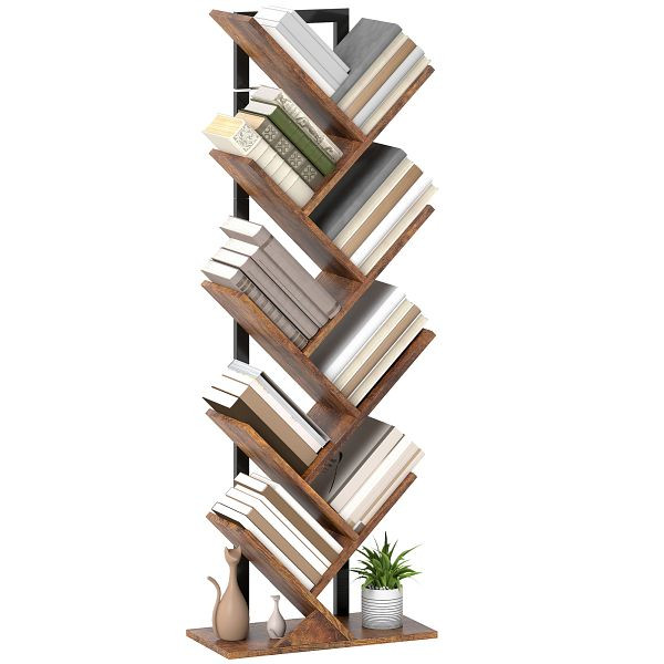 HOMCOM Bücherregal Standregal mit 9 Ebenen Schmal Regal im Baumform für Büro, Rustikal Braun, 836-616V92RB