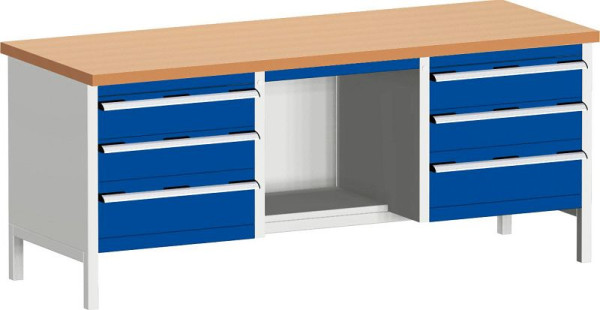 bott cubio Kastenwerkbank mit 6 Schubladen Ablage, Rotbuche-Arbeitsplatte BxTxH: 2000 x 750 x 840 mm, RAL 7035/5010, 41002074.11V