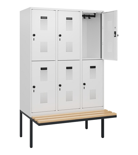 C+P Doppelstock-Spind Evolo PLUS, Bank, 6 Fächer, 1950x1200x815mm, 9016/9016, Drehriegel, Sitzfläche Buche-Hartholz, 0493405-32 S10023