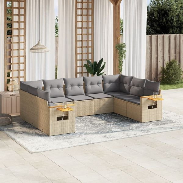 vidaXL 9-tlg. Garten-Sofagarnitur mit Kissen Beige Poly Rattan, 3227116