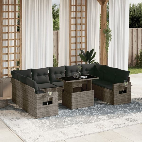 vidaXL 10-teilig Garten-Sofagarnitur mit Kissen Grau Poly Rattan, 3268110