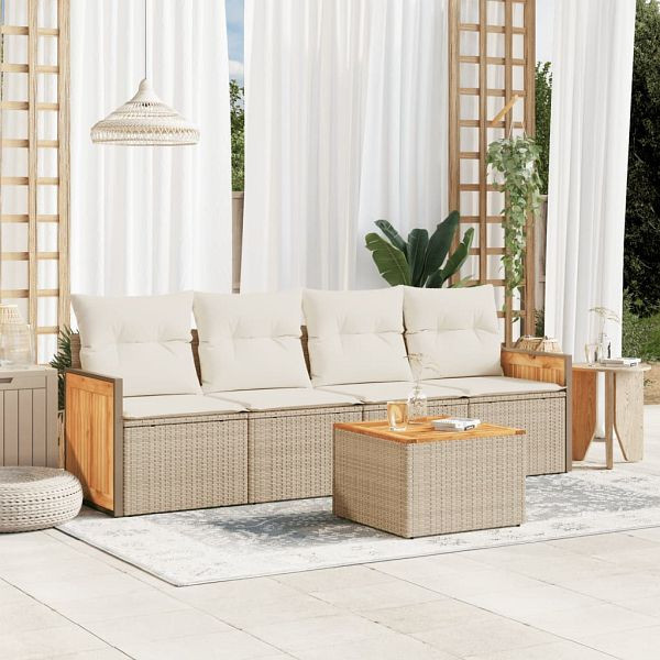 vidaXL 5-teilig Garten-Sofagarnitur mit Kissen Beige Poly Rattan, 3259860