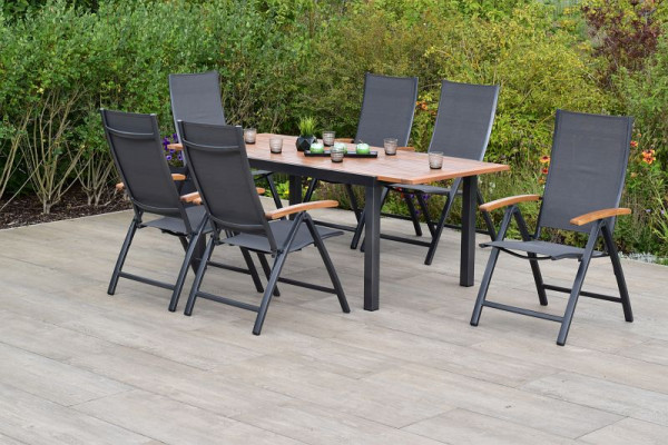Merxx Toblino Set 7-teilig, 6 Toblino Klappsessel, 1 Ausziehtisch 150 (200) x 90 cm, Aluminiumgestell mit Textilbespannung und FSC Akazie, 50858-309