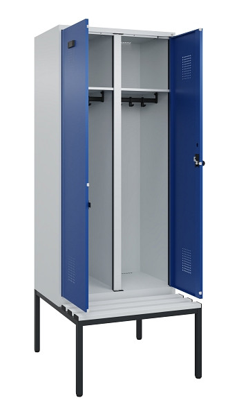 C+P Schwarz-Weiß-Spind Evolo PLUS, Bank, 2 Abteile, 2120x800x815mm, 7035/5010, Drehriegel, Sitzfläche Kunststoff, Sitzbank, 0490527-22 S10060