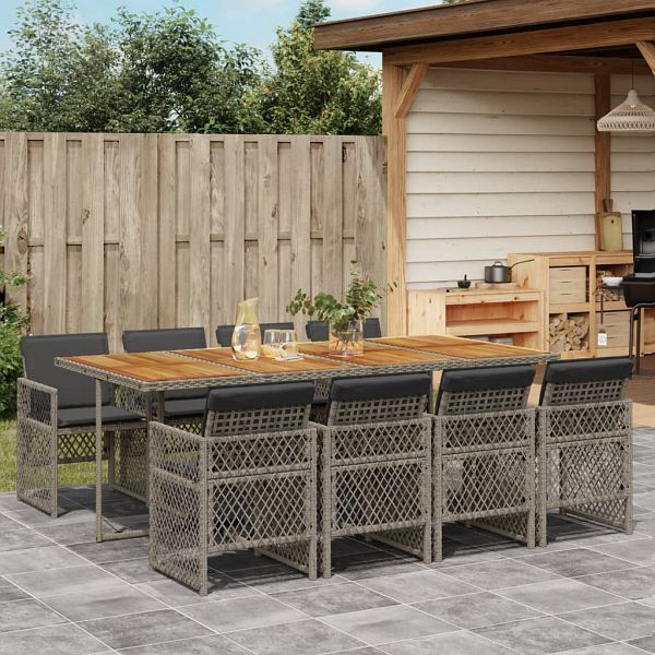 vidaXL 9-teilig Garten-Essgruppe mit Kissen Grau Poly Rattan, 3210746