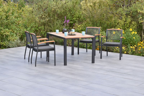 Merxx Tilos Set 9-teilig, 4 Tilos Stapelsessel, 4 Sitzkissen in grau, mit Befestigungsbändern, 1 Tisch 150 x 90 cm, Tischplatte aus Akazienholz, 50790-800