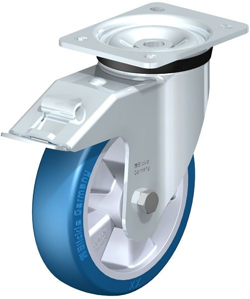 Blickle LK-ALBS 180K-FI Stahlblech-Lenkrolle, schwere Ausführung, mit Anschraubplatte & Feststeller, Blickle Besthane® Soft, Blau, 754766
