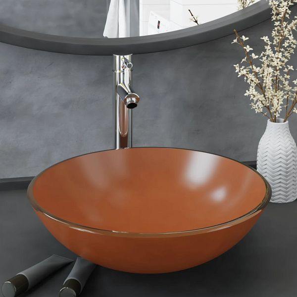 vidaXL Badezimmer Waschbecken mit Wasserhahn und Ablaufgarnitur Braun Gehärtetes Glas, 3098454