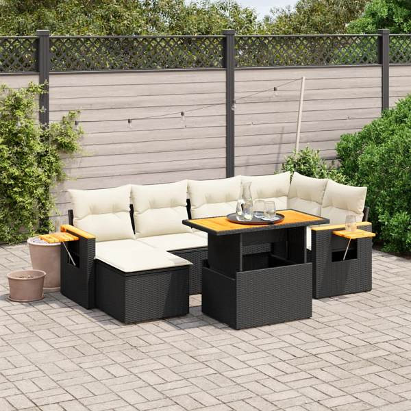 vidaXL 7-tlg. Garten-Sofagarnitur mit Kissen Schwarz Poly Rattan, UV-beständig, 3273618