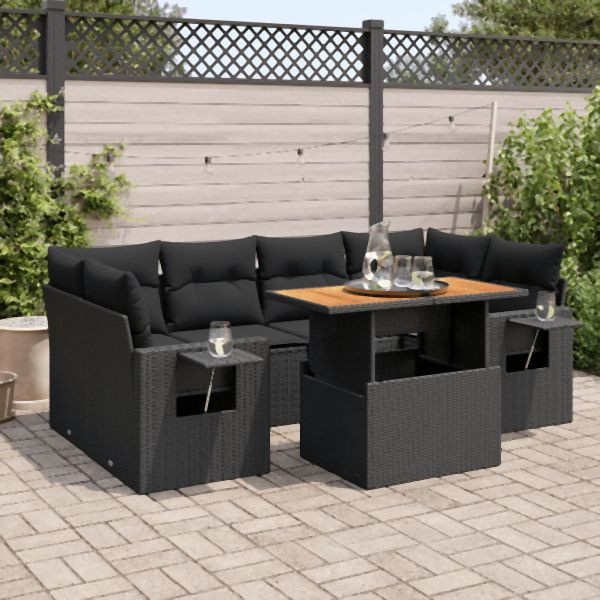 vidaXL 7-tlg. Garten-Sofagarnitur mit Kissen Schwarz Poly Rattan, 3327114