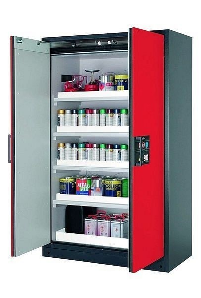 asecos Sicherheitsschrank Q-CLASSIC-90, Q90.195.120 in verkehrsrot RAL 3020 mit 4x Wannenboden Standard (Polypropylen), 30001-046-30014