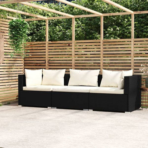 vidaXL 3-Sitzer-Sofa mit Kissen Schwarz Poly Rattan, 317489