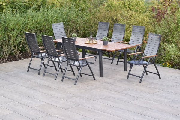 Merxx Tinos Set 9-teilig, 8 Tinos Klappsessel, Armlehnen aus Akazienholz, 1 Ausziehtisch 180 (250) x 100 cm, Tischplatte aus Akazienholz, 50807-217