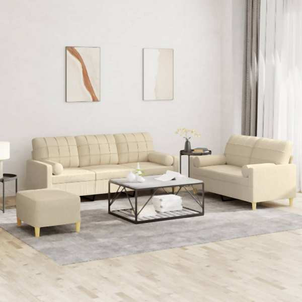 vidaXL 3-tlg. Sofagarnitur mit Kissen Creme Stoff, 3201332