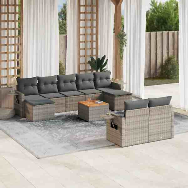 vidaXL 10-tlg. Garten-Sofagarnitur mit Kissen Grau Poly Rattan, UV-beständig, 3257110