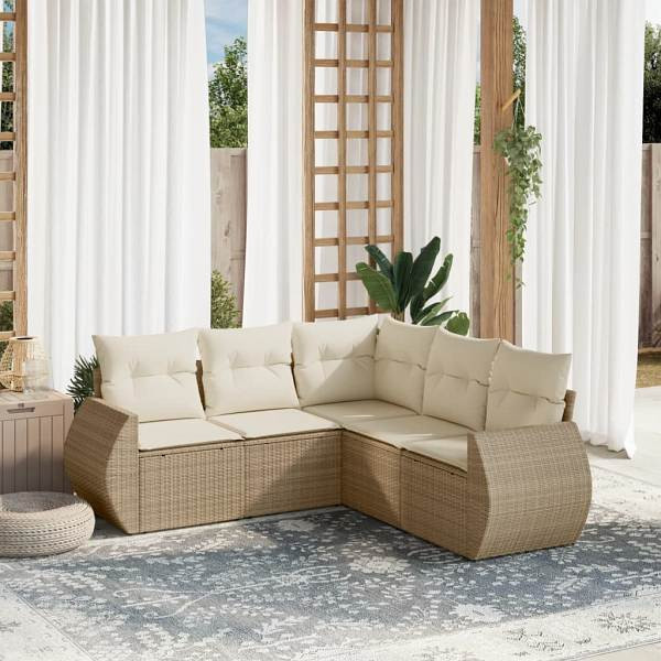 vidaXL 5-tlg. Garten-Sofagarnitur mit Kissen Beige Poly Rattan, UV-beständig, 3221347
