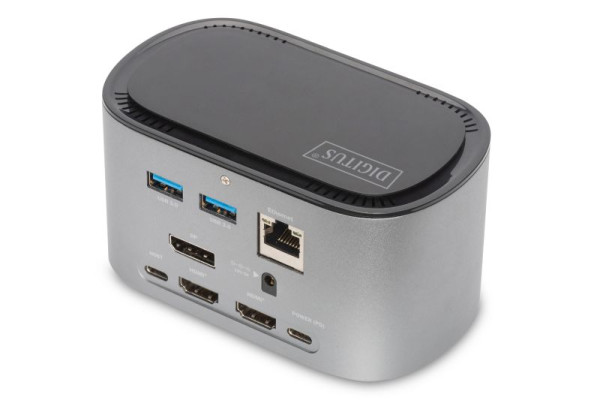 DIGITUS 11 Port USB-C Docking Station mit SSD Enclosure, 2x HDMI, DP, 4x USB-A, 2x USB-C, RJ45, AC, M.2 SSD, DA-70889