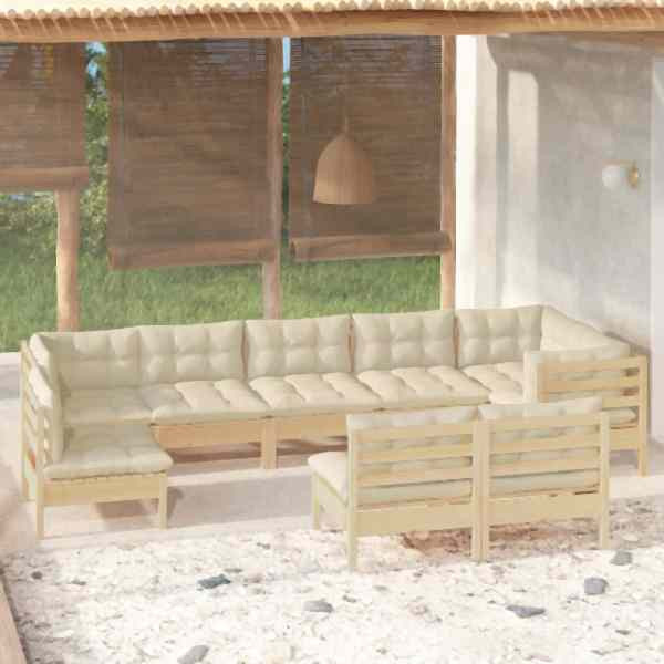 vidaXL 9-tlg. Garten-Lounge-Set mit Creme Kissen Massivholz Kiefer, 3096478