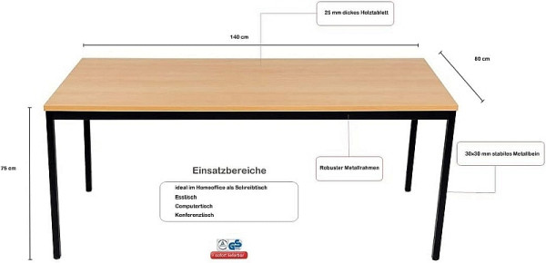 Mades Mehrzwecktisch 140x80 cm Buche Dekor/schwarz, MA1078541sbuA
