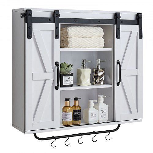 VEVOR Badezimmer Wandschrank mit 2 Schiebetüren & verstellbaren Regalen, Hängeschrank mit Trennwand/Handtuchhalter/Haken, DMJG3JSTLMRZGUFKJ001V0