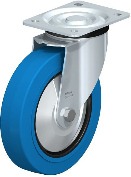 Blickle L-POEV 200XR-SB-FA Stahlblech-Lenkrolle, mittelschwere Ausführung, mit Anschraubplatte, Elastik-Vollgummi, Blau, 850737