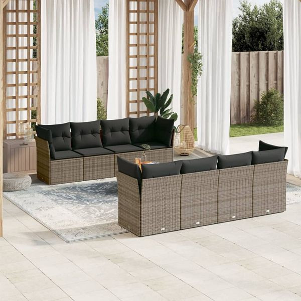 vidaXL 9-tlg. Garten-Sofagarnitur mit Kissen Grau Poly Rattan, 3223526