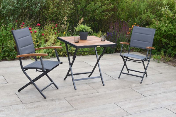 Merxx Paxos Set 3-teilig, 2 Paxos Klappsessel, gepolstert, graphit/grau, 1 Klapptisch 70 x 70 cm cm, Tischplatte aus Akazienholz, 50511-307