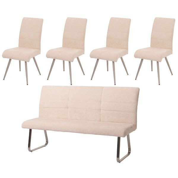 Mendler Esszimmer-Set HWC-G55, 4er-Set Stuhl + Sitzbank 180cm, Edelstahl gebürstet Stoff/Textil Chenille, creme, 2x108102+108220+108221