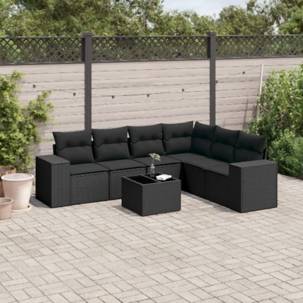 vidaXL 7-tlg. Garten-Sofagarnitur mit Kissen Schwarz Poly Rattan, 3222614