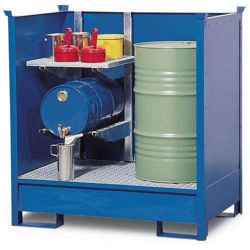 DENIOS Gefahrstoffstation 2 P2-O aus Stahl, lackiert, mit Regal für Kleingebinde, 3 Wände, stapelbar, 122720