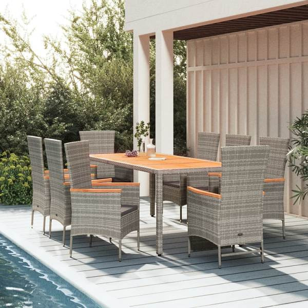 vidaXL 9-tlg. Garten-Essgruppe mit Kissen Grau Poly Rattan, 3157545