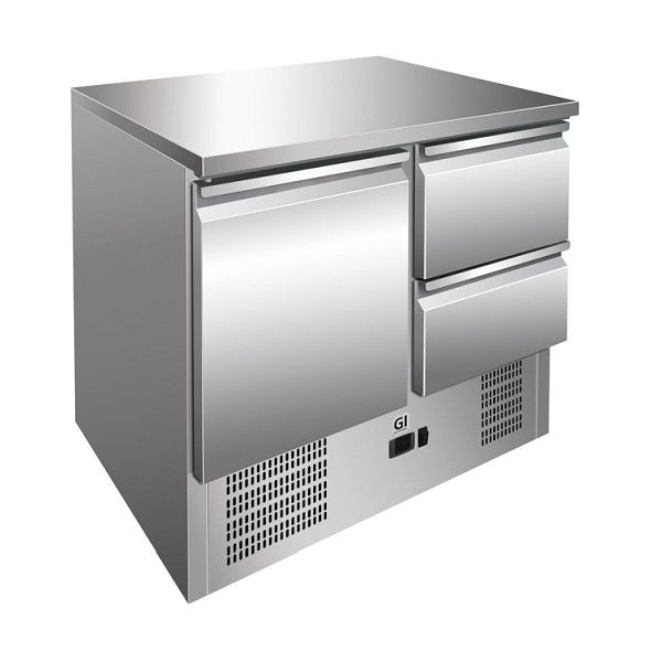 Gastro-Inox Edelstahl Kühltisch mit 1 Tür und 2 Schubladen, Umluftkühlung, Nettokapazität 257 Liter, 202.011