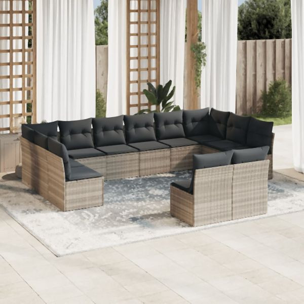 vidaXL 12-tlg. Garten-Sofagarnitur mit Kissen Hellgrau Poly Rattan, 3218372