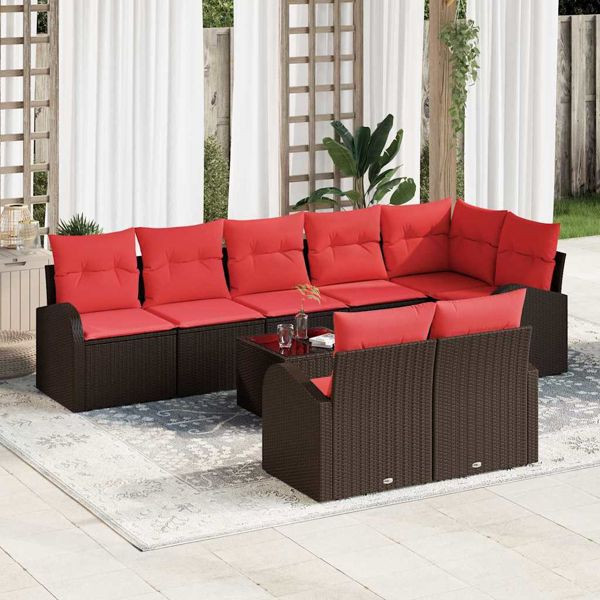 vidaXL Gartensofa-set mit Kissen 9-teilig Braun und Rot Poly-Rattan, 3354773
